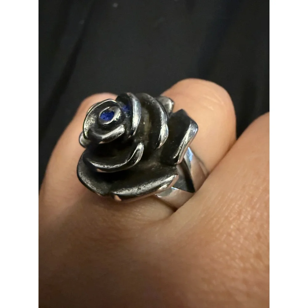 Spikes Stainless Steel Blue Center Rose Statement Ring Silver Tone Size 7